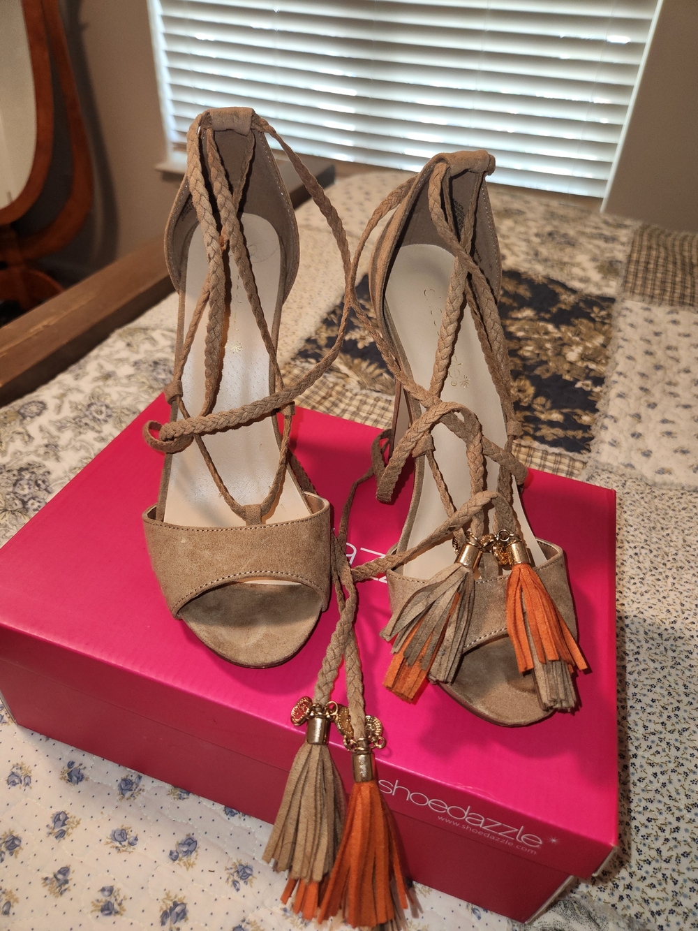 Shoe Dazzle Taupe Suede Lace-Up Heels with Orange Tassels